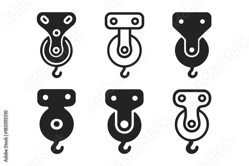 Zip Line Pulley Logos. zip line pulley. Icon set. Set Logo of zip line pulley: pulley hook mechanism. harmonious logo variations of the same emblematic