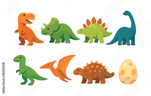 Dinosaur collection, flat vector illustration of prehistoric animals, eggs