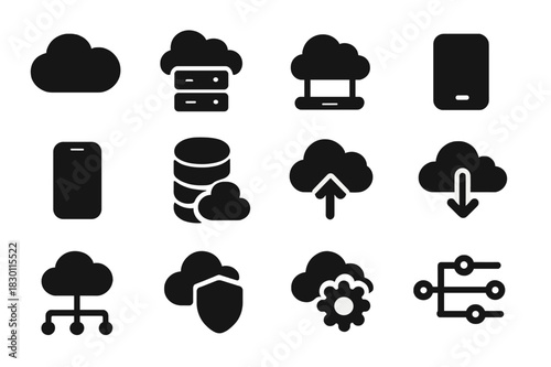 Cloud Service Icons. Cloud service. Solid icon set of Cloud service: cloud, server, laptop, tablet, smartphone, database, upload arrow, download arrow,