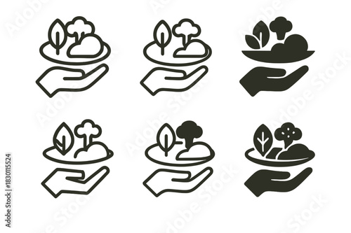 Mindful Eating Icons. mindful eating. Icon set. Set Logo of mindful eating: hand holding balanced meal. harmonious logo variations of the same emblematic