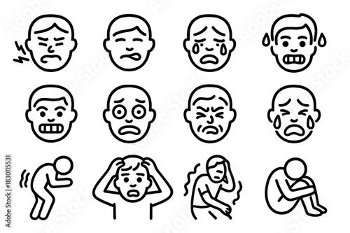Pain Expression Icons. Pain expressions. Line icon set of Pain expressions: facial grimace, biting lip, tears, sweat drops, clenched teeth, wide