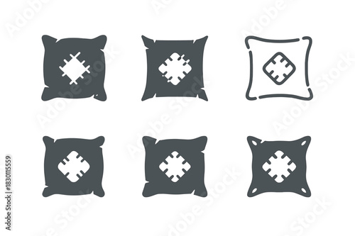 Ragged Pillow Icons. ragged pillow. Icon set. Set Logo of ragged pillow: stitched patch on soft cushion. harmonious logo variations of the same emblematic