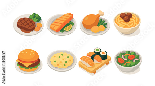 Delicious meals collection, flat vector illustration with dishes, food, cuisine