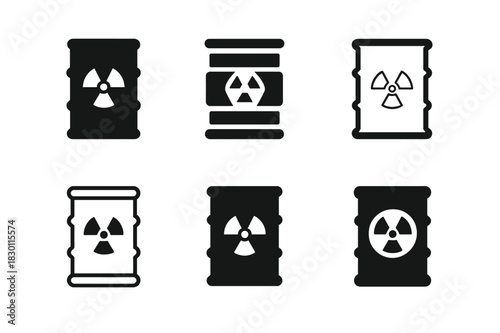 Toxic Waste Icons. toxic waste barrels. Icon set. Set Logo of toxic waste barrels: barrel with radioactive symbol. harmonious logo variations of the same