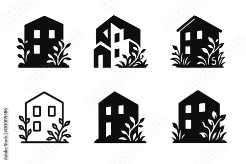 Abandoned Building Logos. Abandoned building. Icon set. Set Logo of abandoned building: overgrown exterior. harmonious logo variations of the same emblematic