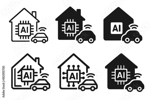 AI Icon Set. AI integration in everyday life (smart homes, autonomous cars). Icon set. Set Logo of AI integration: smart home hub. harmonious logo variations