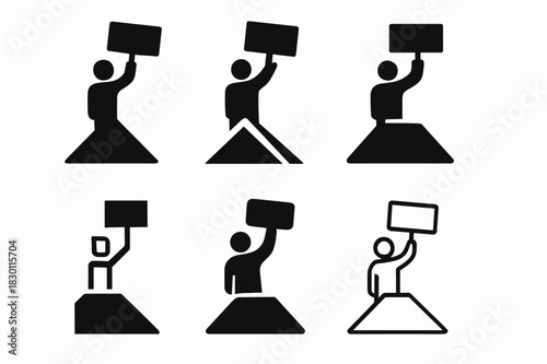 Activist Rooftop Logos. Activist on rooftop. Icon set. Set Logo of activist on rooftop: Hand holding banner aloft. harmonious logo variations of the same