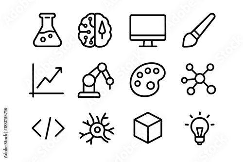 Art Innovation Icons. Art innovation labs. Line icon set of art innovation labs: lab flask, AI brain, monitor, paintbrush, graph, robotic arm, palette, data