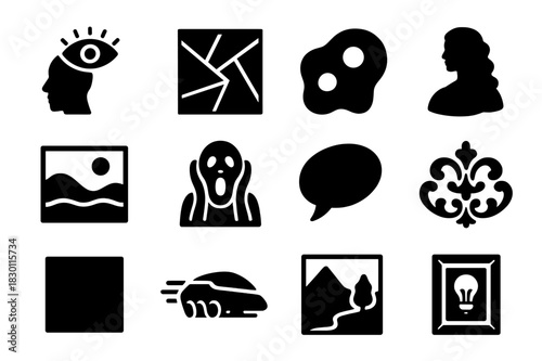 Art Movements Icons. Art movements. Solid icon set of Art movements: surrealism, cubism, abstract, renaissance, impressionism, expressionism, pop art, baroque,