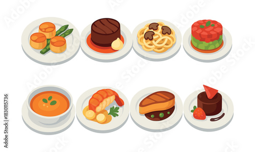 Gourmet dinner plates, flat vector illustration of elegant meals and cuisine