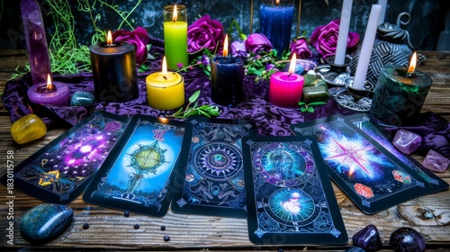 Enchanting evening with tarot cards and flickering candles