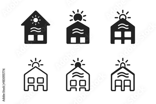 Atrium Logo Variations. Open atrium. Icon set. Set Logo of open atrium: sunlight and ventilation concept. harmonious logo variations of the same emblematic