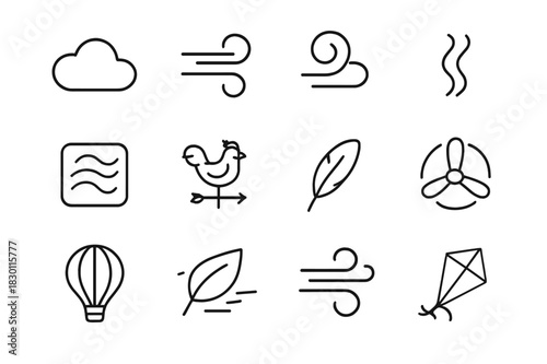 Atmosphere Icon Set. Atmosphere. Line icon set of Atmosphere: cloud, breeze, wind swirl, smoke trail, air vent, weather vane, feather, propeller, hot air