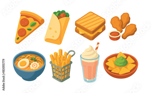 Fast food favorites, pizza, burrito, fries, flat vector illustration