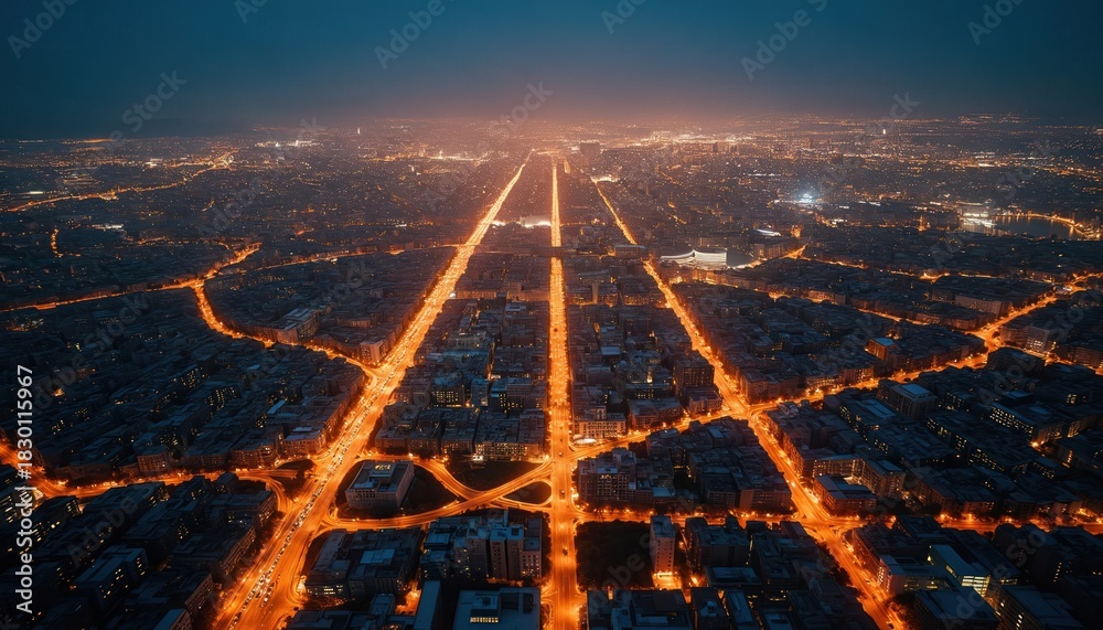 Naklejka premium Aerial view of city grid at night. Illuminated streets glow like circuit board in dark metropolis. Urban landscape shows energy data, traffic network. Cityscape extends to glowing horizon under