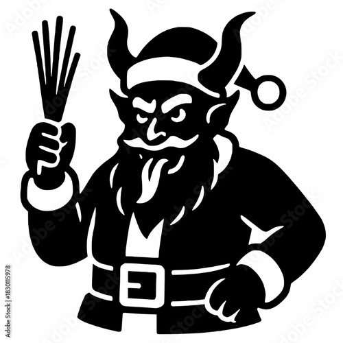 Krampus with birch branches ready for Christmas punishment, holiday folklore character art