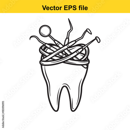 Black and white line art vector illustration of various essential dental tools tangled together and emerging from the crown of a large molar tooth, isolated on white background