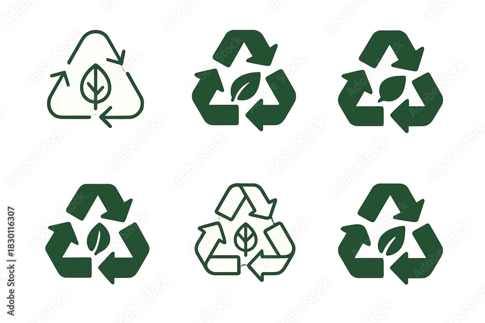 Obraz premium Biodegradable Icon Set. Biodegradable materials. Icon set. Set Logo of biodegradable materials: leaf and recycling symbol. harmonious logo variations of the