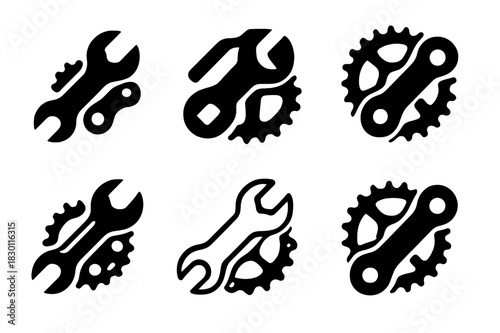 Bicycle Repair Logos. Fixing a bicycle. Icon set. Set Logo of fixing a bicycle: Bicycle chain and gears. harmonious logo variations of the same emblematic