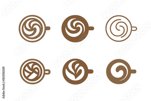 Cafe Logo Variations. Cafe. Icon set. Set Logo of Cafe: latte art swirl top view. harmonious logo variations of the same emblematic concept, each