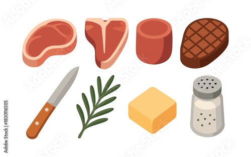 BBQ vector elements set. Various meat cuts, flat vector illustration, steak, beef, red meat