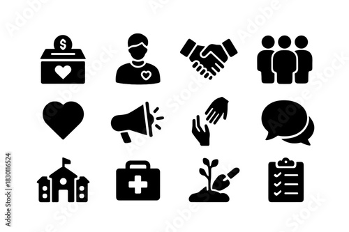 Charity Icon Set. Charity Programs. Solid icon set of donation box, volunteer, handshake, group of people, heart, megaphone, helping hands, speech bubble,