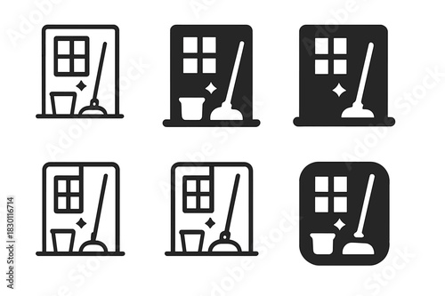 Clean Home Icons. Mopping. Icon set. Set Logo of clean home interior. harmonious logo variations of the same emblematic concept (Minimal outline, Negative