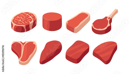 Various meat cuts, flat vector illustration, steak, beef, red meat