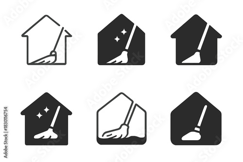 Clean Home Icons. Mopping. Icon set. Set Logo of clean home interior. harmonious logo variations of the same emblematic concept (Minimal outline, Negative