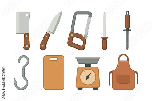 Butcher tools collection, flat vector illustration with kitchen utensils