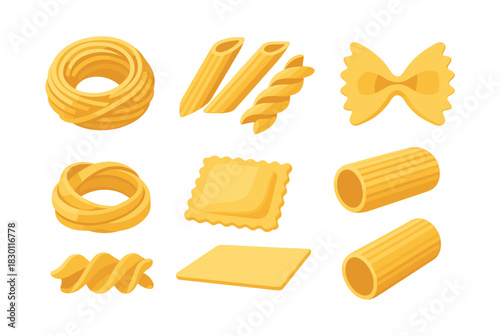 Pasta shapes collection, penne, fusilli, farfalle, flat vector illustration