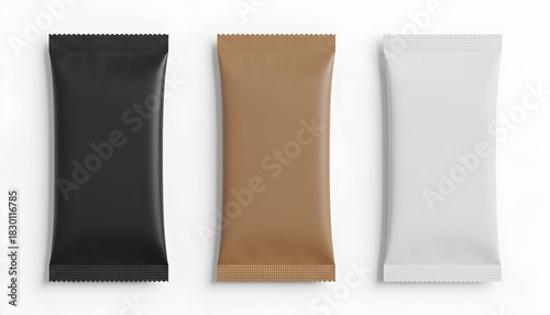 Three blank wrappers in black, brown, and white, arranged side-by-side on a white background.