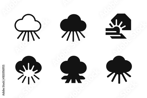 Cloudlit Icon Set. Light through clouds. Icon set. Set Logo of light through clouds: sun rays breaking through clouds. harmonious logo variations of the same