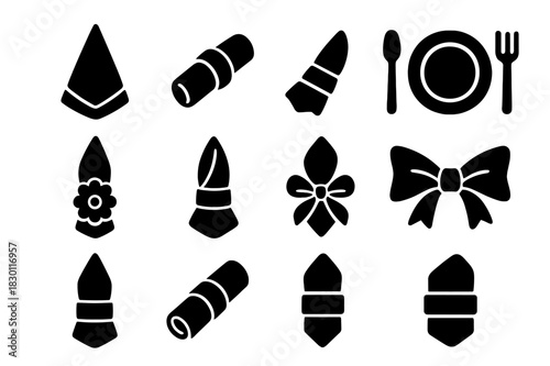 Cloth Napkin Icons. Cloth Napkin Ring. Solid icon set of Cloth Napkin Ring: napkin, ring, folded cloth, table setting, plate, fork, knife, spoon, flower