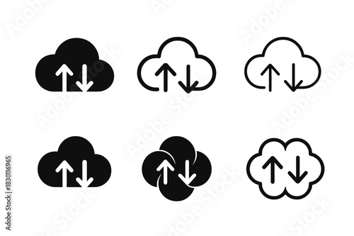 Cloud Storage Icons. Cloud storage. Icon set. Set Logo of cloud storage: upload and download arrows. harmonious logo variations of the same emblematic concept,