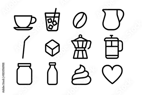 Coffee Icons Set. Cold Brew & Coffee. Line icon set of Cold Brew & Coffee: coffee cup, iced coffee glass, coffee bean, milk jug, straw, ice cube, moka pot,