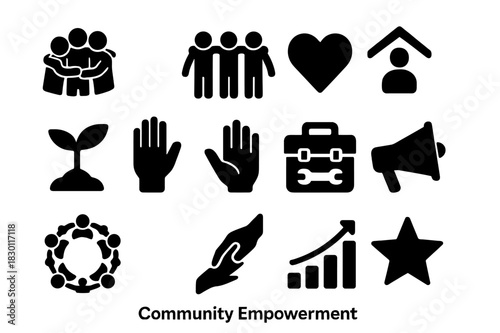 Community Empowerment Icons. Community Empowerment. Solid icon set of Community Empowerment: group hug, linked arms, heart icon, house roof, seed sprout,