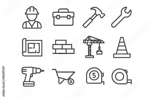 Construction Icons Line Set. Construction Worker. Line icon set of Construction Worker: worker with hard hat, safety vest, toolbox, hammer, wrench, blueprint,