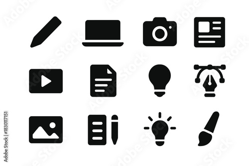 Content Creation Icons. Content creation. Solid icon set of Content creation: pencil icon, laptop, camera, social media post, video icon, document, light bulb,