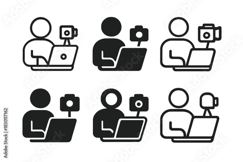 Content Creation Icons. Content creators making videos or writing blogs. Icon set. Set Logo of Content creators making videos or writing blogs: Person typing