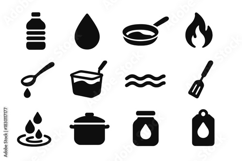 Cooking Oil Icons. Cooking oil. Solid icon set of cooking oil: bottle, droplet, pan, flame, spoon, fry basket, wave, spatula, droplet splash, pot, jar, label.