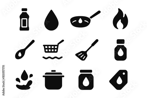 Cooking Oil Icons. Cooking oil. Solid icon set of cooking oil: bottle, droplet, pan, flame, spoon, fry basket, wave, spatula, droplet splash, pot, jar, label.