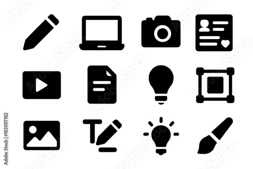 Content Creation Icons. Content creation. Solid icon set of Content creation: pencil icon, laptop, camera, social media post, video icon, document, light bulb,