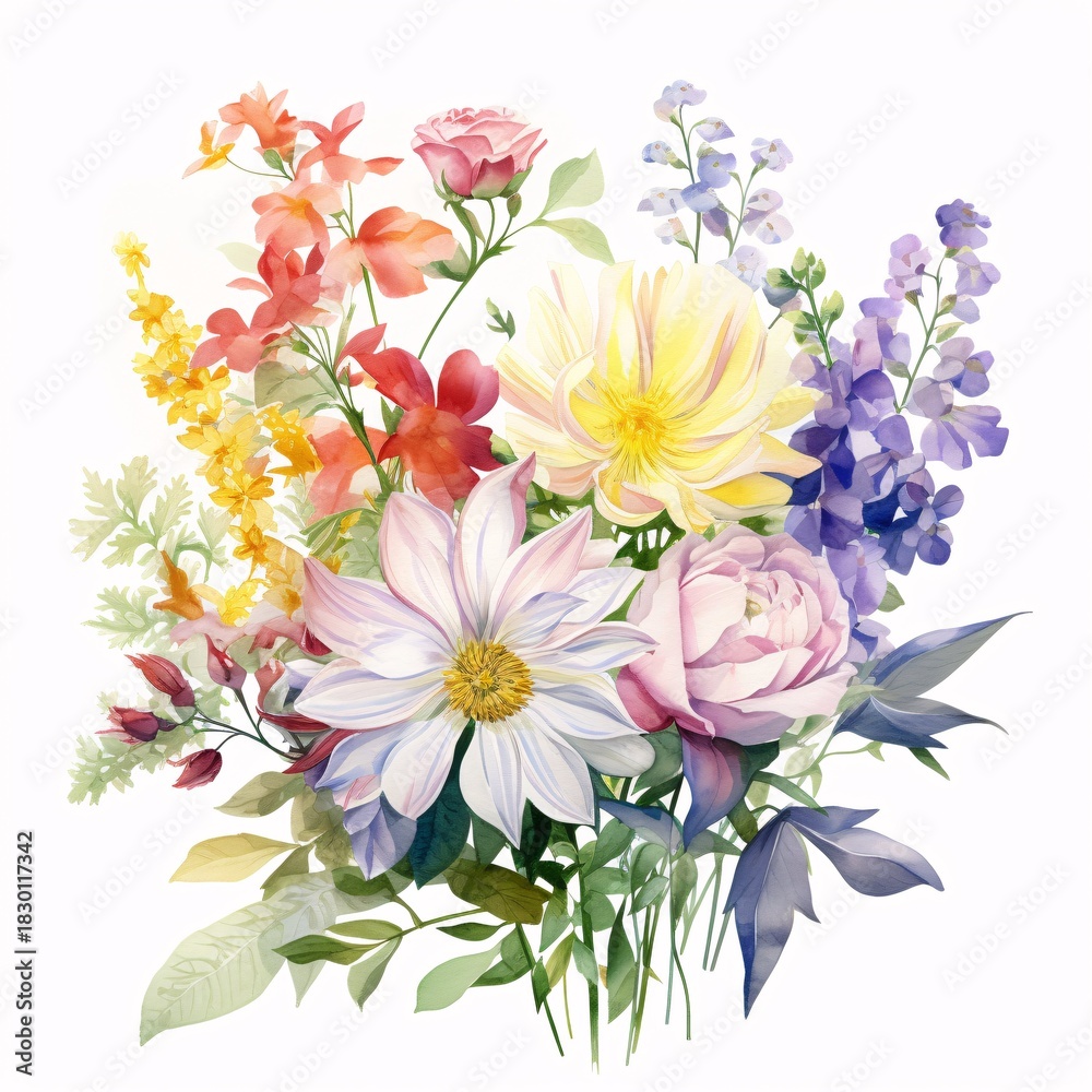 Obraz premium Watercolor floral bouquet features dahlia, rose, delphinium and other flowers with green and purple leaves
