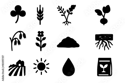 Cover Crops Icons. Cover crops. Solid icon set of Cover crops: clover, rye, vetch, radish, oats, mustard, soil, roots, farm field, sun, water droplet, seed