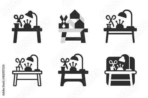 Creative Hobbies Logos. Making space for personal hobbies. Icon set. Set Logo of making space for personal hobbies: crafting table. harmonious logo variations