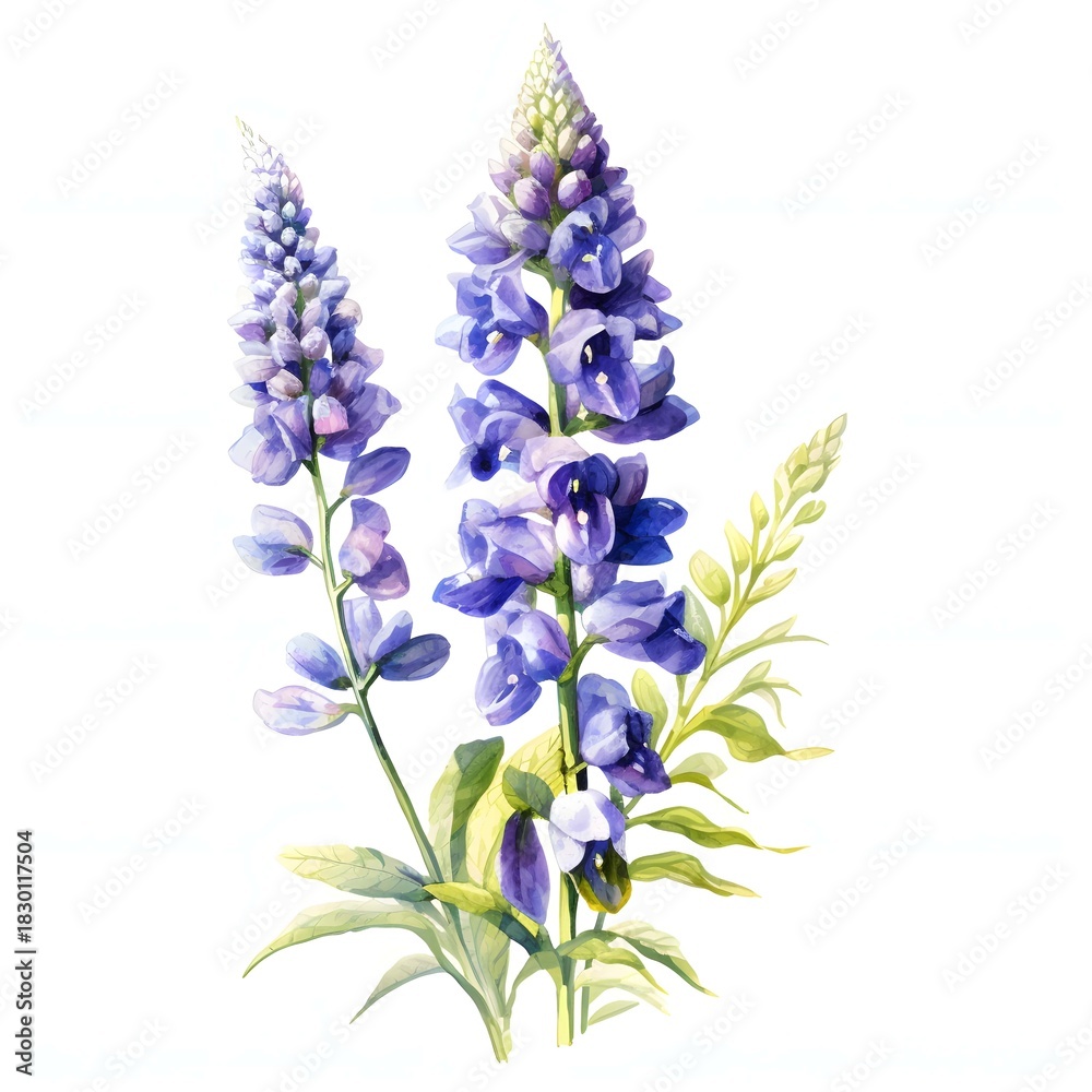 Obraz premium Watercolor painting of purple lupine flowers in full bloom on a white background