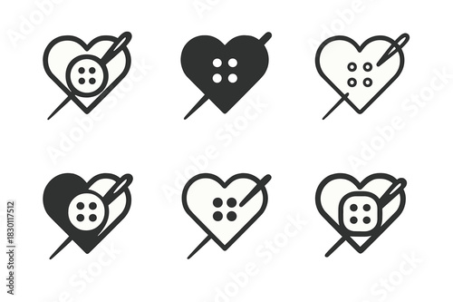 Custom Fashion Logos. Personalized fashion and custom clothing. Icon set. Set Logo of personalized fashion and custom clothing: button and needle forming a