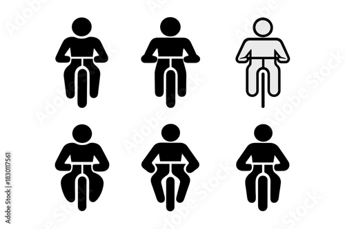 Cyclist Logo Variations. Person on bicycle. Icon set. Set Logo of person on bicycle: cyclist viewed from front perspective with handlebars. harmonious logo