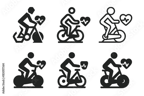 Cycling Endurance Icons. A person practicing indoor cycling, focused on endurance and intensity. Icon set. Set Logo of A person practicing indoor cycling,